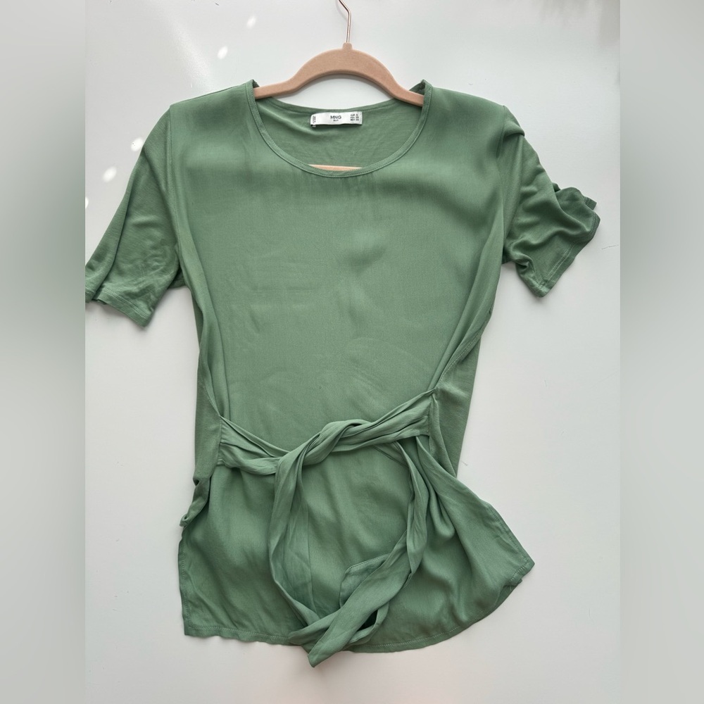 MNG Suit Sage Green Viscose‎ Short-Sleeve Tie-Waist Top Size XS